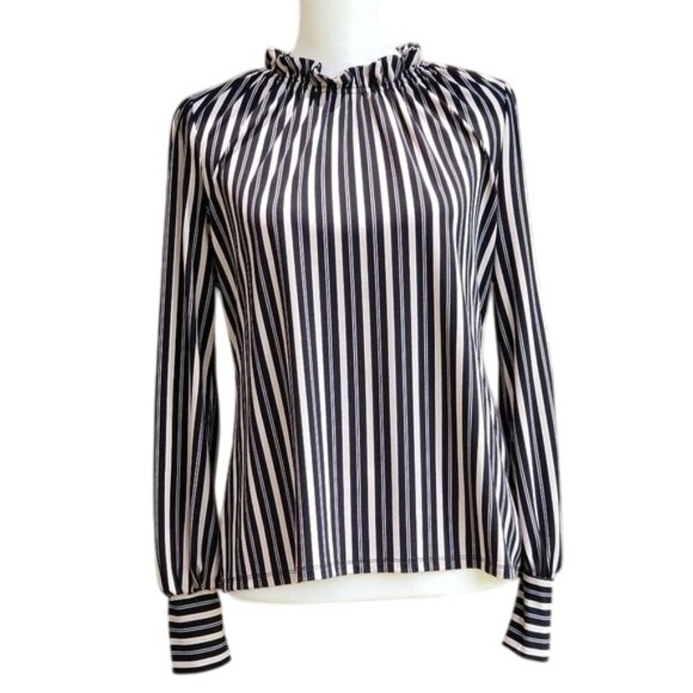 Adrianna Papell Blush Black Striped Blouse Sz‎ S Ruffle Collar Feminine Office